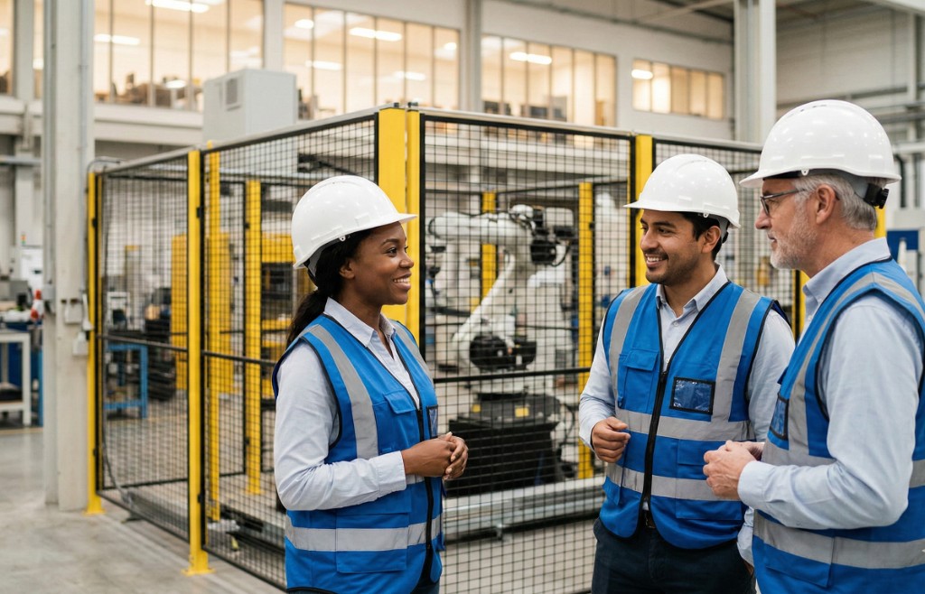 Safety professionals and team collaboration in industrial environment