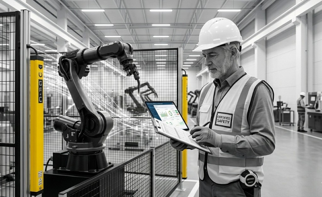 Certified safety professional monitoring robot in industrial facility